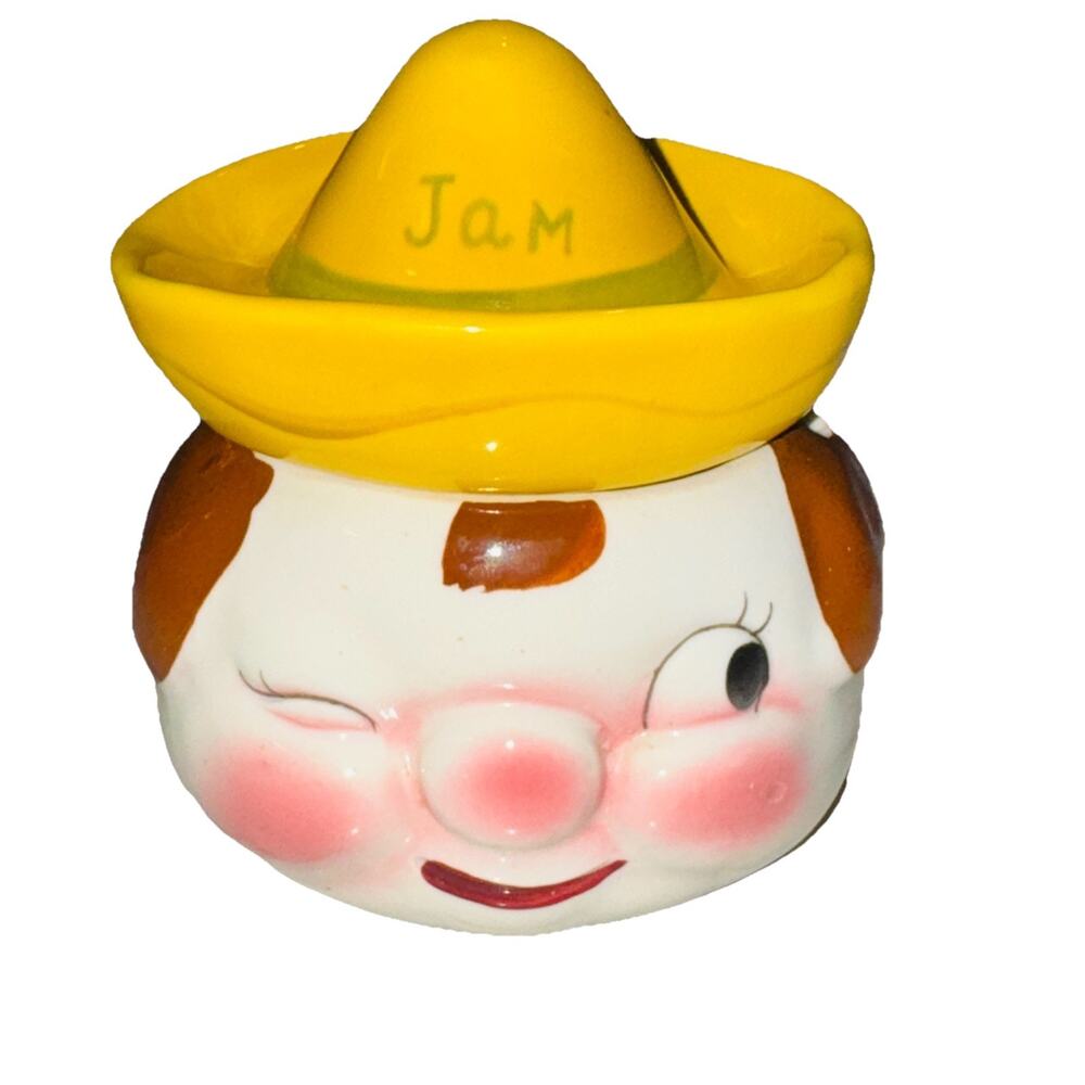 50s Vintage Anthropomorphic Napco Ceramic Jam Jar‎ Winking Country Boy Kitschy